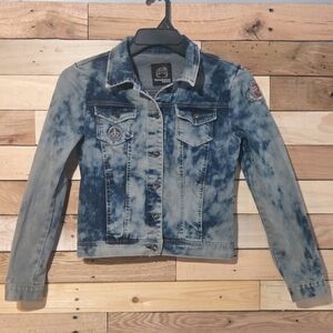 Women's Denim Jacket with Tie-Dye Effect Cropped Acid Wash Jean Jacket Patch